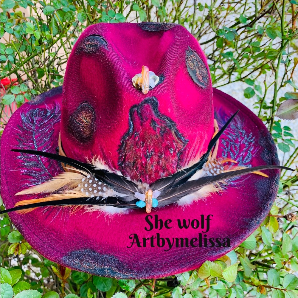 Hand Burned Custom Maroon Wolf Cowgirl Hat